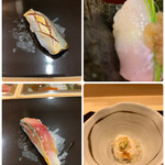 すし繁 - ランチおまかせ握り７０００円。小肌、きんき、しめ鯖、白子小丼。今回のしめ鯖は、脂の加減がちょうど良く、私史上最高かも。炙ったきんきも玉ねぎ醤油とマッチしています。