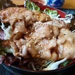味処佐和 - ミニだけどド迫力の焼肉丼。焼肉の下にはレタスキャベツの野菜が敷き詰められている。