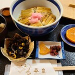 プチ平家 - あなご飯定食(税込2,000円)
小鉢、お味噌汁、漬け物、蜜柑付き
メインの穴子丼にこれだけ副菜が付くのも珍しい
やっぱり旅館の多い方が豪華でしょ。という感覚なのかしら？