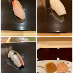 すし繁 - ランチおまかせ握り７０００円。金目鯛昆布締め、白イカ、いわし、あん肝味噌漬け。酢洗いした鰯がお寿司としては素晴らしい味わいです。味噌漬けのあん肝は濃厚で、日本酒のつまみとしては最上級です