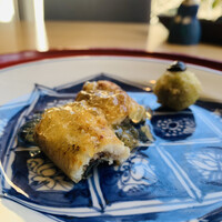 妙見石原荘 食菜石蔵 - ② 先付：鰻白焼き、土佐酢ジュレ、蕗の薹天ぷら
