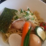 麺屋 波 - カレーつけ麺  大盛980円。
                                茶漬けとアイスつき。
                                麺が太麺と細麺を選択可能。
                                太麺にしたが、太麺の方がモチモチしてルーとよく絡む。
                                野菜は、鎌倉野菜を使用。
                                辛さは、中辛だがそんなに辛くない。
                                