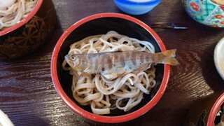 Gensuke San - ○アマゴ
                        蕎麦の上に甘露煮のアマゴが載ってる。
                        解して蕎麦と食べると
                        アマゴの旨味が蕎麦にプラスされて
                        美味しい味わいとなった。