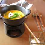 la mura 神戸会下山 - pot-au-feu～かぼちゃのポタージュ 小海老と季節野菜の小鍋仕立て 酒粕のクリーム