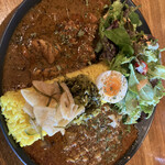 カリーショップ スパイスマン - 焦がしバジルのバターチキンカレー、鶏ミンチとレンコンの煮干出汁キーマカレーをあいがけプレート