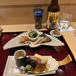 銀座 しのはら - 子持ち昆布 スモークサーモン 雉とせりのお浸し たたき牛蒡 鰆 鰤藁焼き なまこ 玉子真薯 人参 長芋 梅うど 黒豆