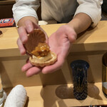 銀座 しのはら - 最中 フォアグラ 柿 ウイスキージュレ　　　                          久々に登場の最中は鳥インフルエンザにより納得のいくフォアグラが無かったからだそうです