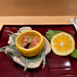 銀座 しのはら - 芽甘草 海苔 車海老 紅白なます 帆立 ジュレ