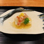 御料理 古川 - 天草の車海老、熊本の筍、福岡の菜の花・蕪〜お酢のジュレ、絞り生姜、柚子で〜
