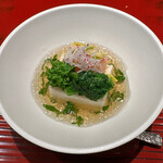 おおたに - 甘海老　春野菜の酢味噌和え　帆立貝柱ムース　木の芽酢