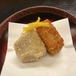 赤坂 菊乃井 - 昼懐石１５７３０円。海老芋あられ粉揚げ。炊いた海老芋を揚げたものです。サクサク衣とホクホク芋の一体感があり、笑うしかない美味しさです（╹◡╹）（╹◡╹）