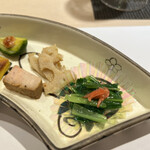 池袋 鮨 貴山 - 《芽キャベツ、生麩、れんこん、あん肝、壬生菜》