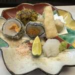 おおさか料理  浅井 - ホタテのウニ巻き　牡蠣と蓮根　たけのこの天ぷら