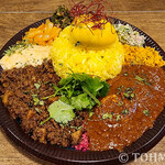 194569691 - 海老バターカレーと猪レンコンキーマの2種あいがけ、スパイスエッグトッピング。