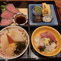 割烹 春 - ローストビーフ、スズキの昆布じめ、うさちゃんのくわい、干し椎茸の含め煮、煮物、お刺身