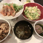 花風 - 和食セット　グルクン竜田サラダ、ゴーヤチャンプルー、じゅーしー、もずくのお吸い物、田芋饅頭、香の物