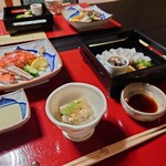 魚信旅館 - ワタリ蟹酢の物　オコゼ煮凍り　オコゼ薄造り