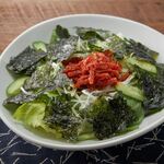 Choregi salad with crispy Korean seaweed and squid kimchi