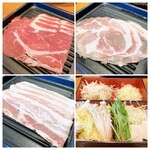 Washoku Sato - 左上から時計回りに　牛肉、豚肩ロース、野菜盛り合わせ、豚バラ