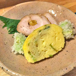 天ぷら処 こさか - お通し（卵焼き＆鶏照焼き＆空豆の微塵粉揚げ）（２０１３年６月）