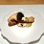 みえ田 - 松茸フライ　いぶりがっこのタルタル　鮑肝ソースにキャビア