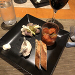 眞 - 前菜3種盛合せ：ラタトゥイユ、砂肝のコンフィ、ポテトサラダ(スモーク) ゴルゴンゾーラのせ