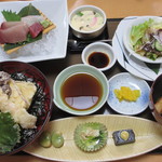 活魚料理一徳 - 天丼セット（７９８円）　刺身（＋２８０円）