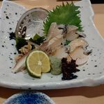 Sushi Tempura Gosakutei - ●ﾗﾝﾁ。定食に追加単品。中瓶ﾋﾞｰﾙ715+天ぷら定食1408+刺し(てっさ1518+鮑ｱﾜﾋﾞ1738+ﾄﾛ1650)+ﾊﾏﾁｶﾏ塩焼1078+ﾀﾗ白子醤油焼1078=8,100円