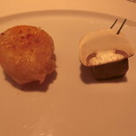 レストラン コバヤシ - 北海道産ホタテ貝のフリット マッシュルームのテリーヌ添え