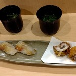 Fukuden - 　平鱸の握り　鯵の揚物　鰯のお吸い物