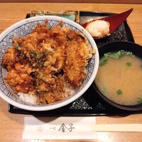 一心 金子 - 【月替り 旬の天丼】牡蠣と白子の天丼（1600円）、みそ汁と卵の天麩羅セット（200円）