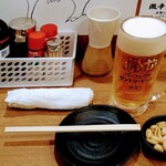 もつ焼きばん - 2023/1月下旬。生ビールとサービスのピーナッツ。