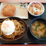 めしや食堂 - 料理写真:左上からハムカツ、チキン南蛮、上海風焼そば、なめこ汁