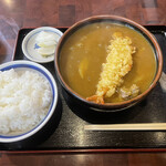 Hinode Udon - 肉入カレーうどん天ぷら乗せ中辛　ご飯小