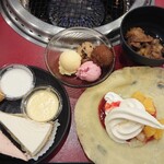 Sutamina Tarou Nekusuto - ケーキお代わり、自分で作るクレープ(ソフトクリーム、ホイップ、ミックスフルーツゼリー、ストロベリーソース)、アイス(バニラ、コーヒー&クッキー、ストロベリー)、チョコファウンテン、牛鍋が出てきてたので