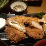 Shinjuku Saboten - エビフライ、チーズメンチ、ヒレカツ（すりごまにソースを入れて食べます）