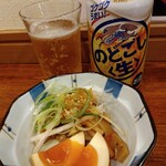 俺の中華たなか家 - 実は先着していたこちら⬆「のどごし生」着缶＼(^o^)／　グラスも冷え❄冷え❄　おつまみは嬉しいサービス❤️