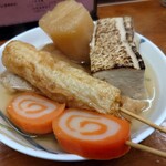 菊一 - 大根　えび天　赤巻　焼き豆腐