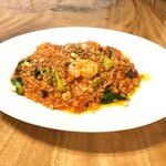 Tomato risotto with shrimp and seasonal vegetables