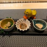 鮨 双海 - ☺︎菜の花とあさりのおひたし、牡蠣の旨煮、あん肝