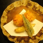 新宿割烹 中嶋 - 桜海老の真薯、ヤングコーン、オクラ