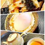 活魚料理　うおじま - パリパリの焼き具合・定食のとろろと温泉卵・ほうじ茶