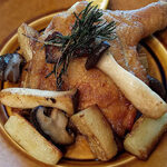 Garlic roasted red chicken, mushrooms and potatoes