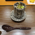 銀座おかもと - 今回はホタルイカの茶碗蒸しから。ふぐの白子のソースに香りの良いふきのとうが。