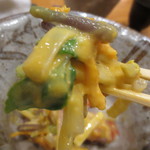 銀座おかもと - 車エビの頭の出汁を使った卵のソースで和えた、ウド、クチコ、ハマボウフの和え物。