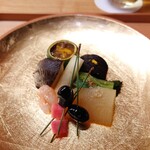 一本杉 川嶋 - 焼わた塩辛、澤野牛蒡七日炊き、能登115椎茸、辛子ビール大根、かつお菜、数の子、赤かぶ酢漬け、甘海老の昆布締め