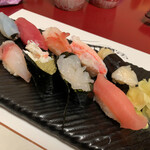 浪花鮨 - 富山湾寿司  左上からいか、まぐろ、甘エビ、カニ、ばい貝  下段左からアジ、黒鯛、カニ味噌軍艦、白えび軍艦、カジキ