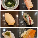 すし繁 - ランチおまかせ握り７０００円。イシガキダイ、いわし、平貝磯部巻きなど。いわしの優勝！と思うほど、脂乗りが良く、処理も完璧です。平貝とカラスミも反則の美味しさでした♩