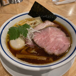 手打式超多加水麺 ののくら - 煮玉子 ワンタン 中華そば(ハーフ) ( 醤油 麺大盛)