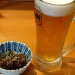 Kushishimbou - 「お通し」（280円）と「生ビール（中）」（450円）